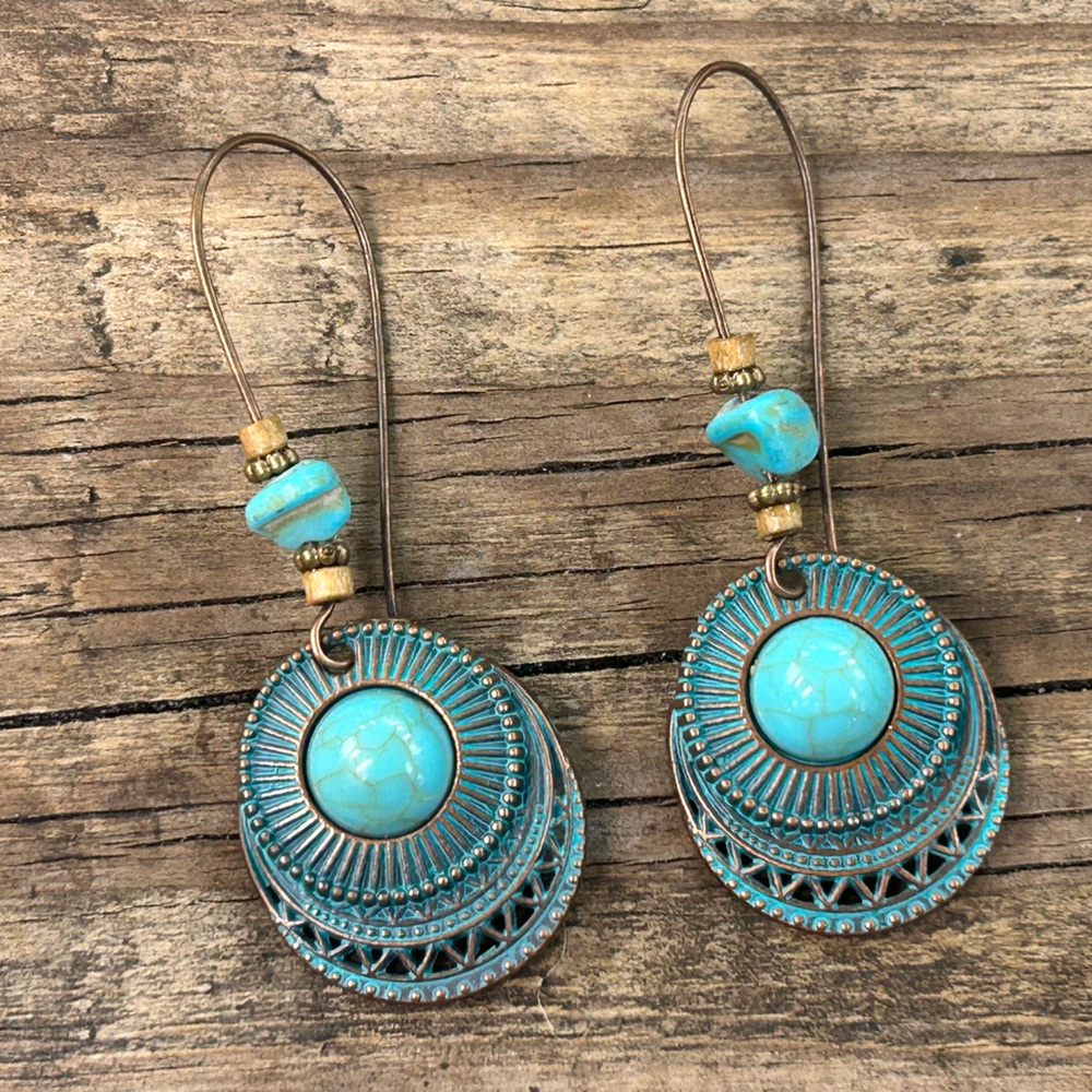 Turquoise Boho Metal Drop Earrings
